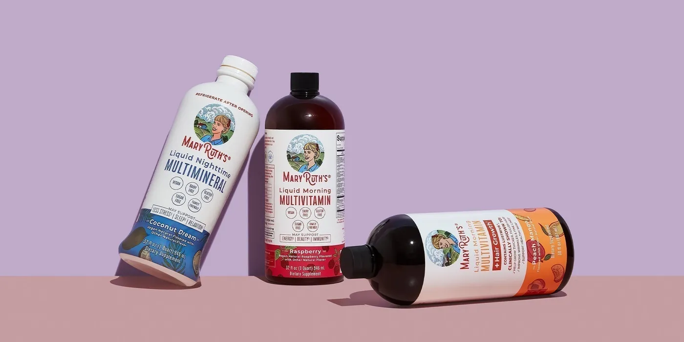 Liquid Nighttime Multimineral, Liquid Morning Multivitamin and Liquid Morning Multivitamin + Hair Growth bottles side by side